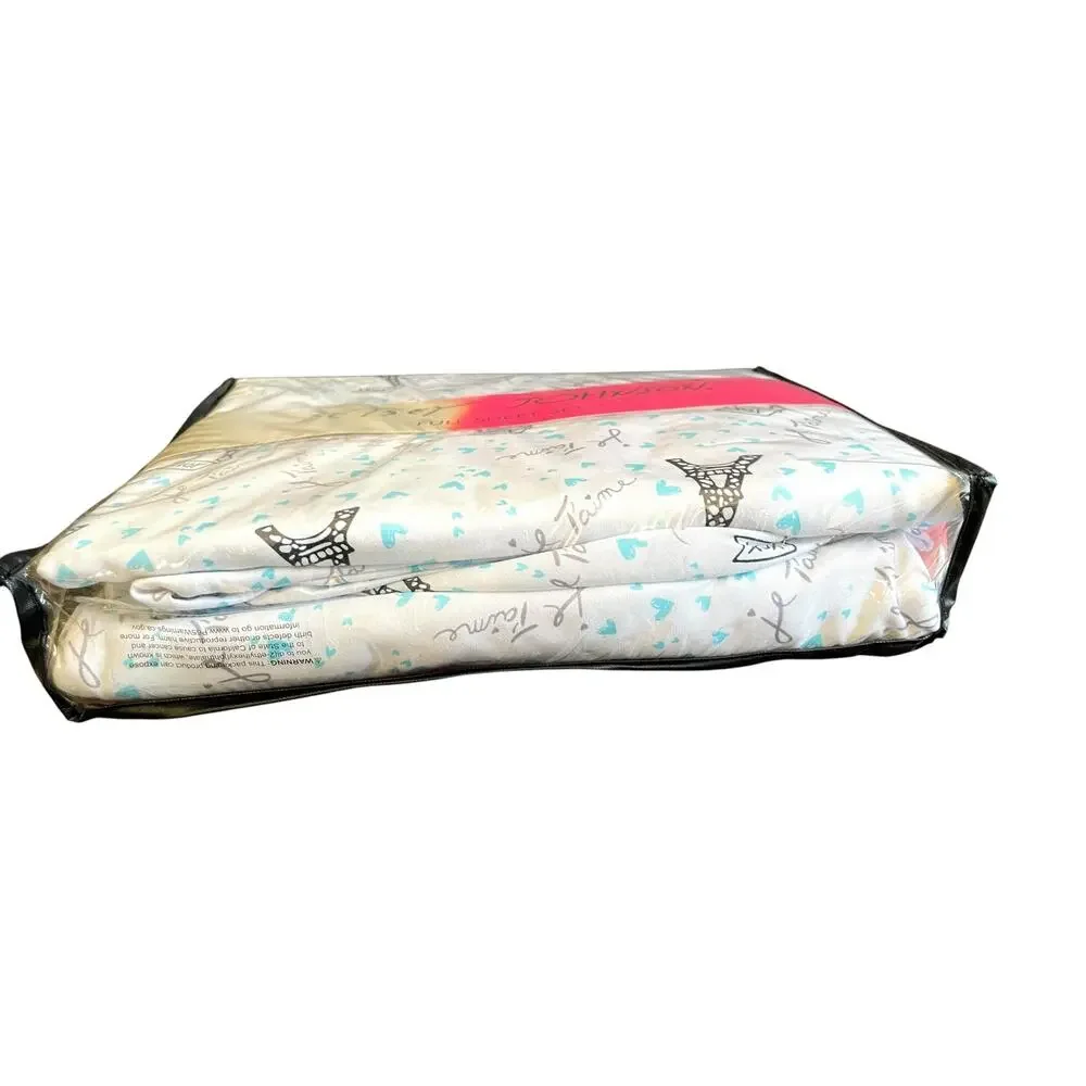 Betsey Johnson Full Sheet Set 4 pieces Paris Eiffel Tower Je T'aime Teal Heart